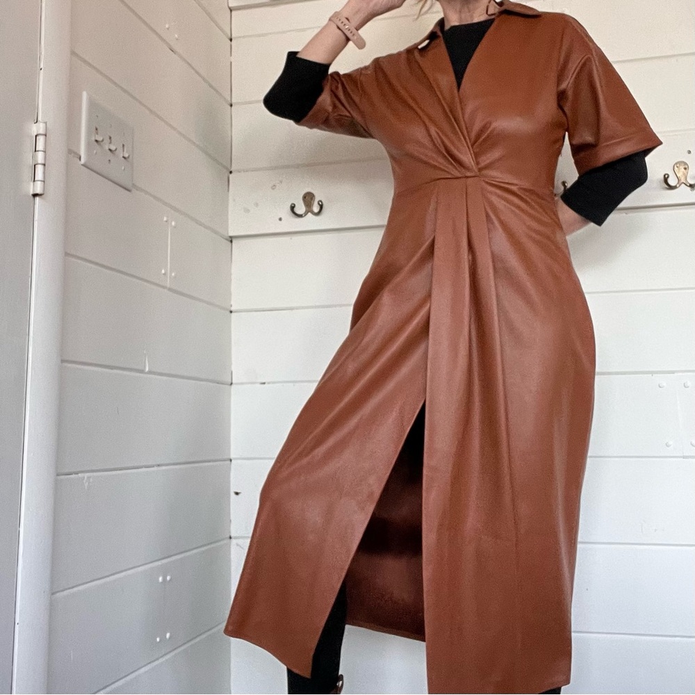 Zara Wrap Midi-Length Dress. Faux Leather Caramel/ Camel Brown. Size M.
